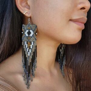 Handmade Large Tribal Beaded Earrings Western Jewelry Ethnic Bohemian Dangle